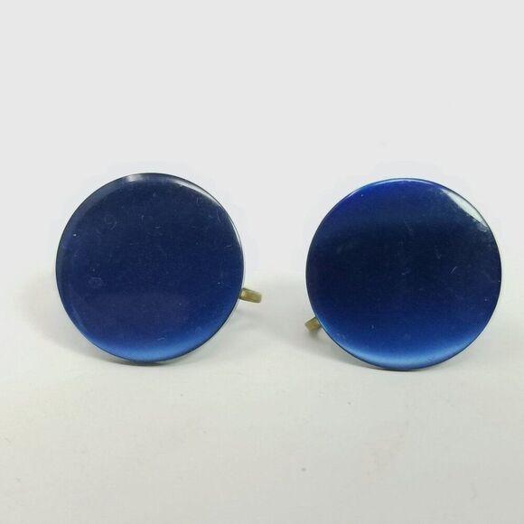 Vintage Dark Blue Lucite Plastic Disc Clip On Earrings, Round, Screw Backs - Picture 1 of 7